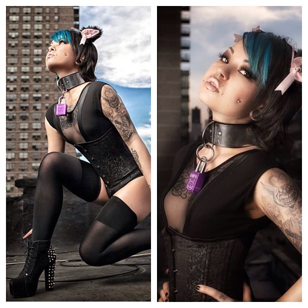 Rooftop anime kitty shoot with Andres Pagan! Collar by @customfangsnyc / Lock by @makelovelocks !! =^._.^=